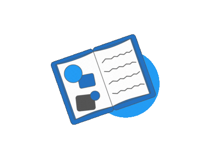 Animated open notebook with abstract shapes and lines on pages. Blue and gray color scheme on a dark background.