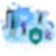 People interact with cloud icons, files, and a large lock symbol, emphasizing data security. Blue tones dominate the tech-themed scene.