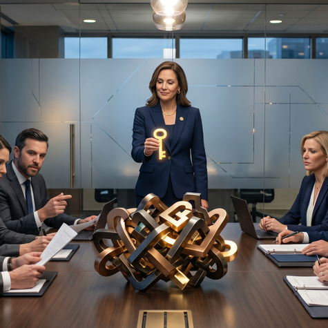 Business team in a conference room, as a mediator in a navy suit, holds up a glowing key over a table.