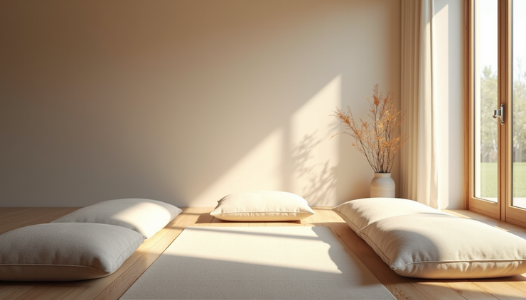 Close-up view of a calm indoor meditation space with cushions and soft natural light