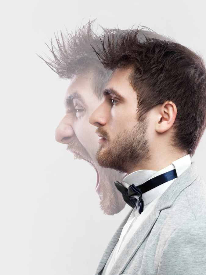 Passive-aggressive, man looking calm and collected with translucent image of him yelling overlayed