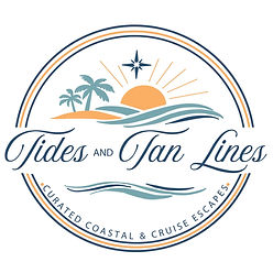 Tides and Tan Lines coastal and cruise travel logo with ocean, sunset, and compass design