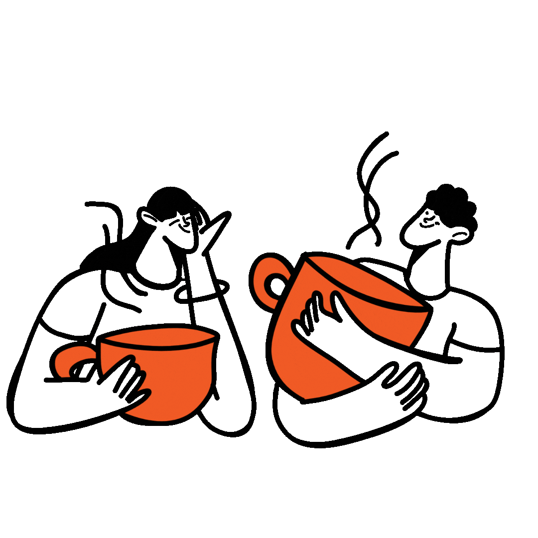 Gezeichnetes GIF von zwei Personen mit übergroßen Kaffeetassen, symbolisch für ein persönliches Gespräch.