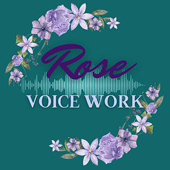 Logo shows "ROSE VOICE WORK" in purple and white on a teal background, surrounded by purple flowers and a blue sound wave