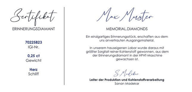 Hersteller Zertifikat für Erinnerungsdiamant aus Tierasche