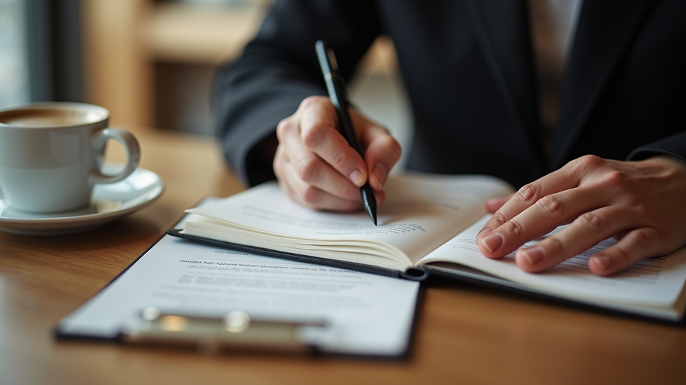 Plano cercano de una persona escribiendo en un cuaderno con una taza de café al lado