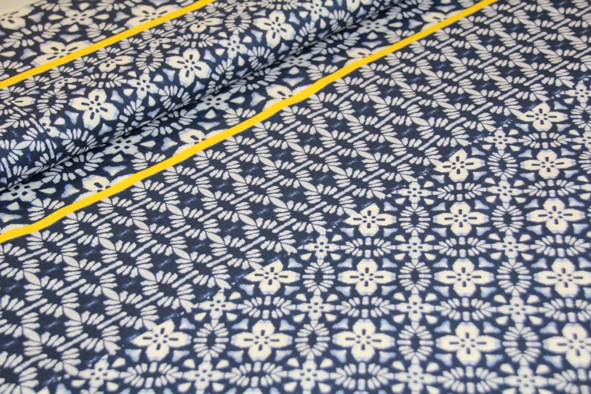 Blauwe stretch katoen met gele streep - €38,5/m
