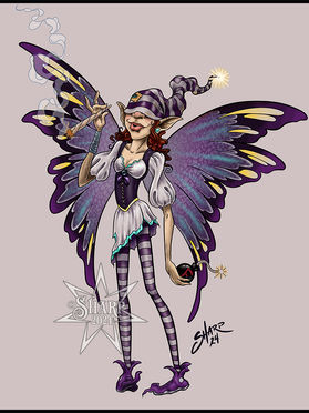 Faery, fairy, gnome, pixie, sprite, stripes, stockings, hat, cap, blunt, joint, 420, f bomb, sharptattoos, sharpfantasyart, fantasy, creation, whimsical, digital art