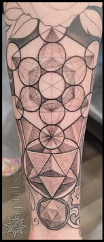 Geometric, black and grey stipple, fineline, tattoo featuring Metatron's Cube.  