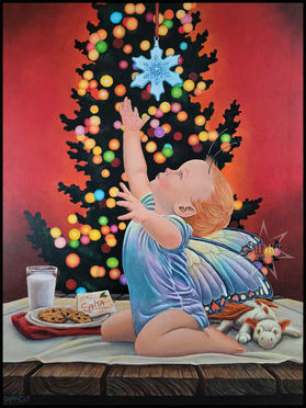Baby faery on a table with cookies and milk and a toy dragon.  Reaching for a Christmas ornament in front of a glowing Christmas tree.  