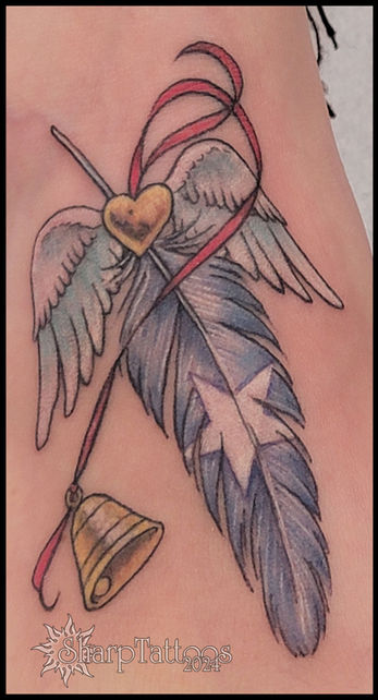 feather, ribbon, wings, heart, gold, tattoo, sharptattoos