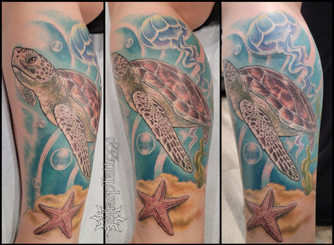 tattoo of a sea turtle with jellyfish and starfish underwater,  sand and seaweed, aquatic, bubbles, sharptattoos