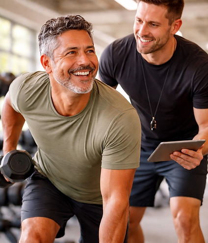 Active man training with a fitness coach in a gym as part of a personalized physical perfo