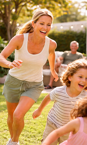 Active grandmother playing with her grandchildren outdoors, enjoying mobility and energy s