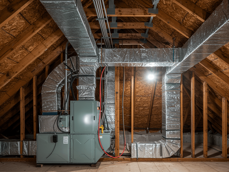 Clean, well-organized Florida home attic with a professionally installed AC system. Visible copper refrigerant lines, PVC condensate drain, sealed ductwork, and air handler unit. No clutter. Bright lighting, neutral tones, sharp focus, realistic construction environment, HVAC marketing photo style.
