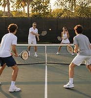 Middle-aged couple playing a doubles tennis match against their two teenage sons on an out