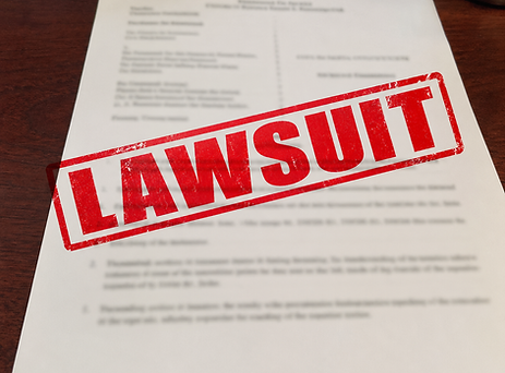 Blurred legal document with a bold red lawsuit stamp, representing business compliance ris