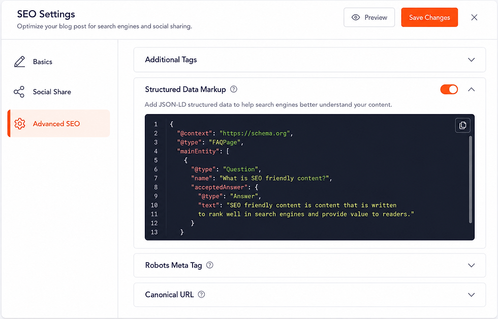 Wix Advanced SEO tab showing FAQ schema markup added as JSON-LD structured data to a blog post