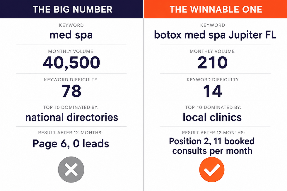 Side-by-side infographic comparing two SEO keyword strategies. The left panel shows the broad keyword “med spa” with 40,500 monthly searches, high difficulty, national competitors, and no leads after 12 months. The right panel shows the local keyword “botox med spa Jupiter FL” with lower search volume, low difficulty, local competitors, and 11 booked consultations per month after reaching position two.