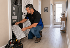 All Temp Solutions technician changing an AC filter to improve indoor air quality in West