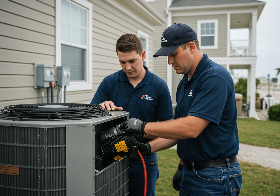 Two technicians in blue shirts and caps work on an outdoor AC unit in a Boyton Beach house, focusing intently. The mood is professional.