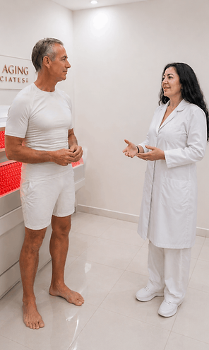 Anti Aging Associates consultation room with a male patient in a white sporty outfit speak
