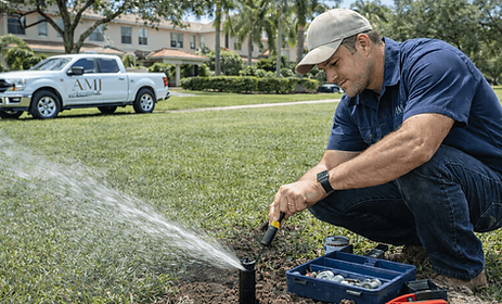 45 years old team member of AMJ Irrigation Services from west palm beach fixing a sprikler in a royal palm beach hoa community