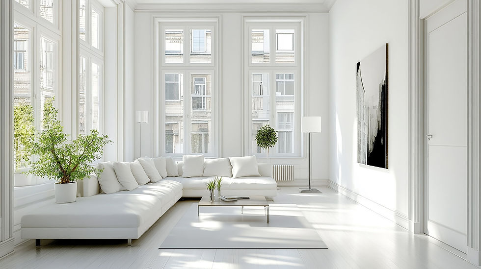 interior decorating wall painting ideas for a bright, minimalist living room with large windows, white sofa, plants, and a black-and-white painting. Sunlight streams in, creating a calm vibe.