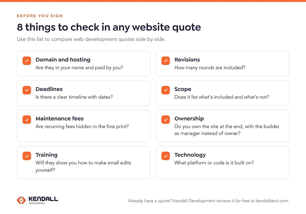 Checklist of 8 things to check in a website quote: domain and hosting, revisions, deadlines, scope, maintenance fees, ownership, training and technology.