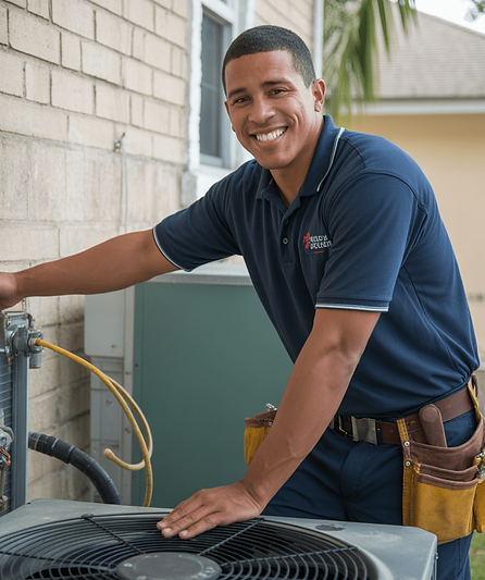 Experienced contractor offering Wellington HVAC maintenance plans, inspecting and servicing air conditioning system for optimal efficiency