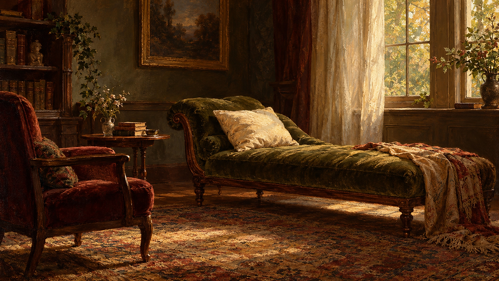 An oil painting of a psychoanalytic therapy room with an olive-green couch, an armchair and warm sunlight through a window.