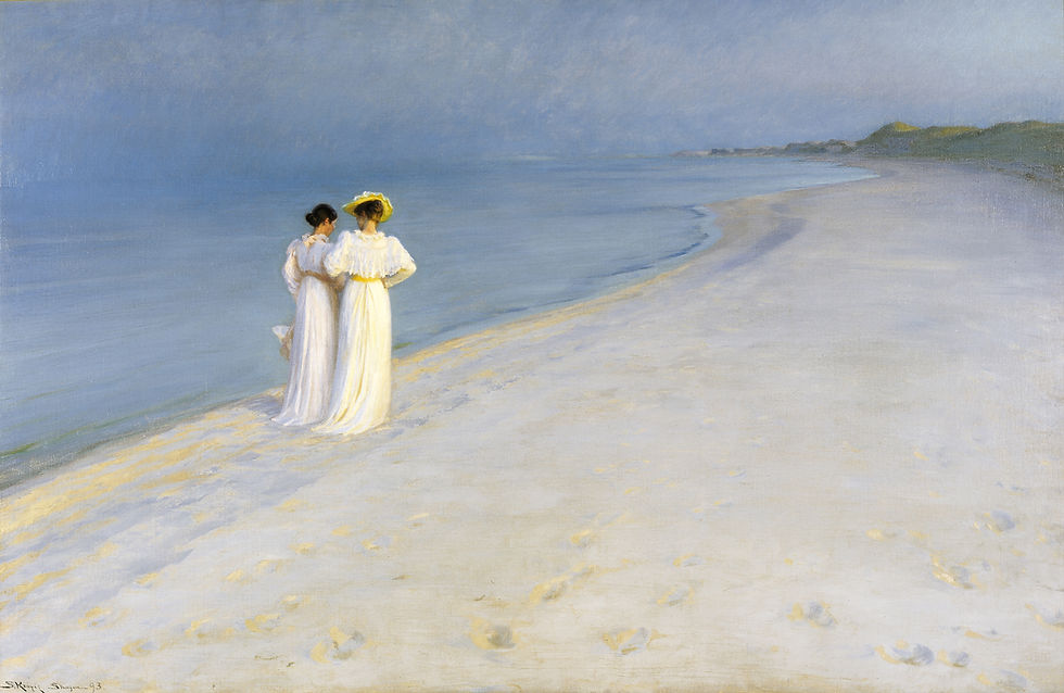 Two women walking together along a beach at dusk, painting by P.S. Krøyer