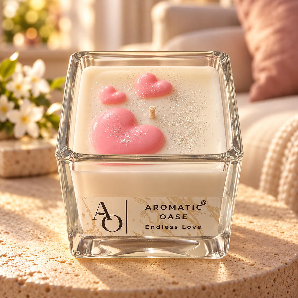 Endless Love – offene Duftkerze mit drei rosa Wachsherzen in warmer Wohnatmosphäre