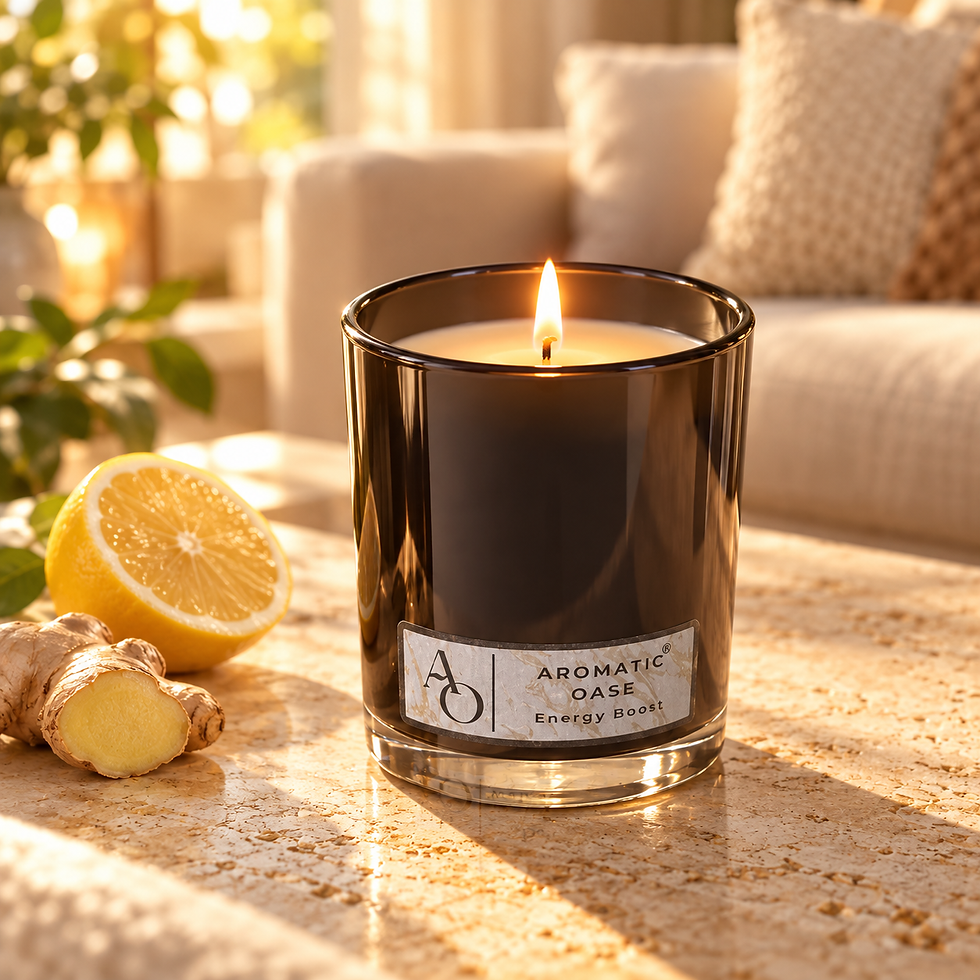 Miniaturbild: Duftkerze Energy Boost – puristisches Glas im schwarzen Glas – warme Lifestyleaufnahme