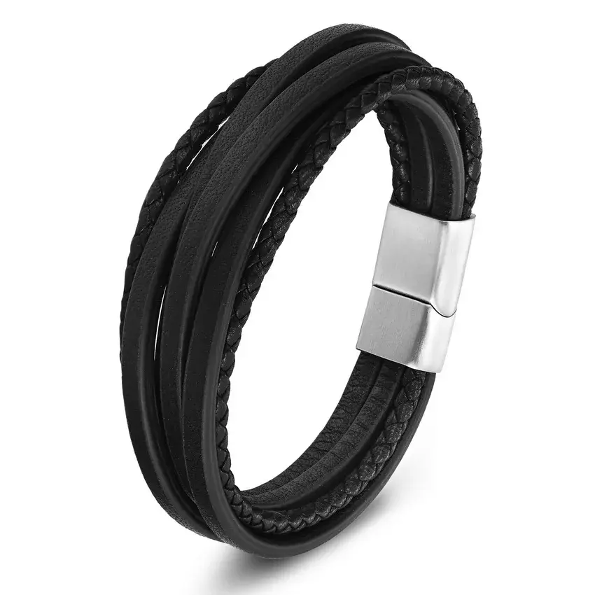 Thumbnail: XQNI Fashion Stainless Steel Bangle Chain Genuine Leather Bracelet