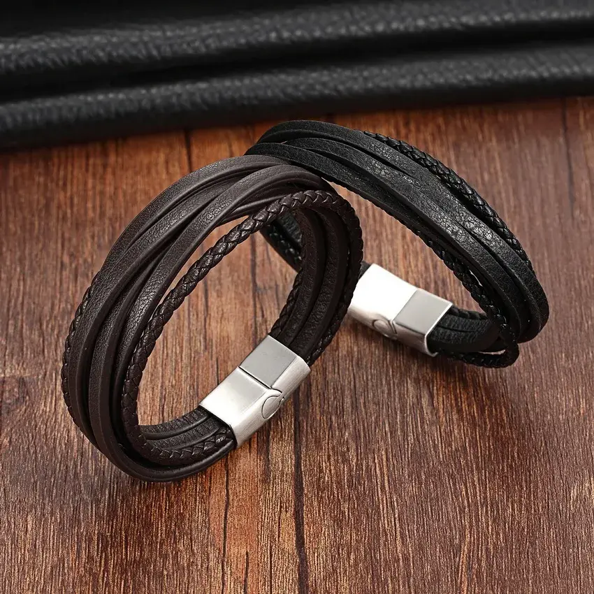Thumbnail: XQNI Fashion Stainless Steel Bangle Chain Genuine Leather Bracelet