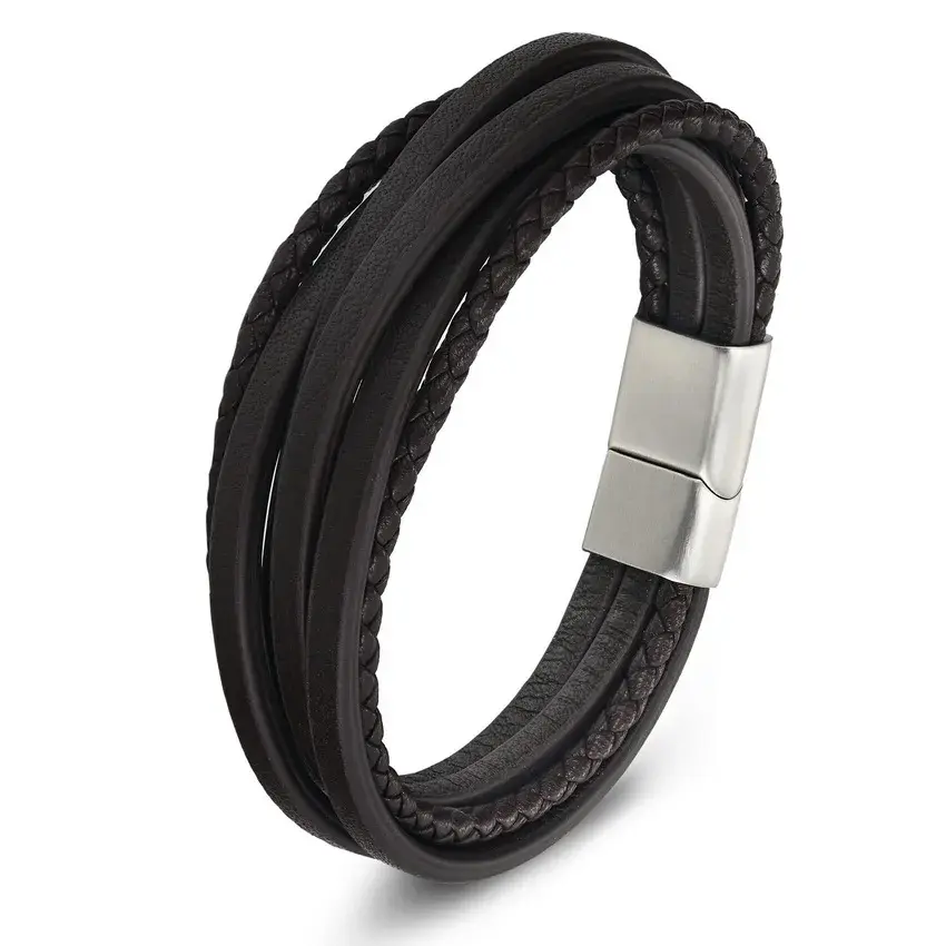 Thumbnail: XQNI Fashion Stainless Steel Bangle Chain Genuine Leather Bracelet