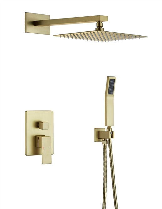 Aqua Piazza Brushed Gold Brass Shower Set w/ 8" Square Rain Shower and Handheld