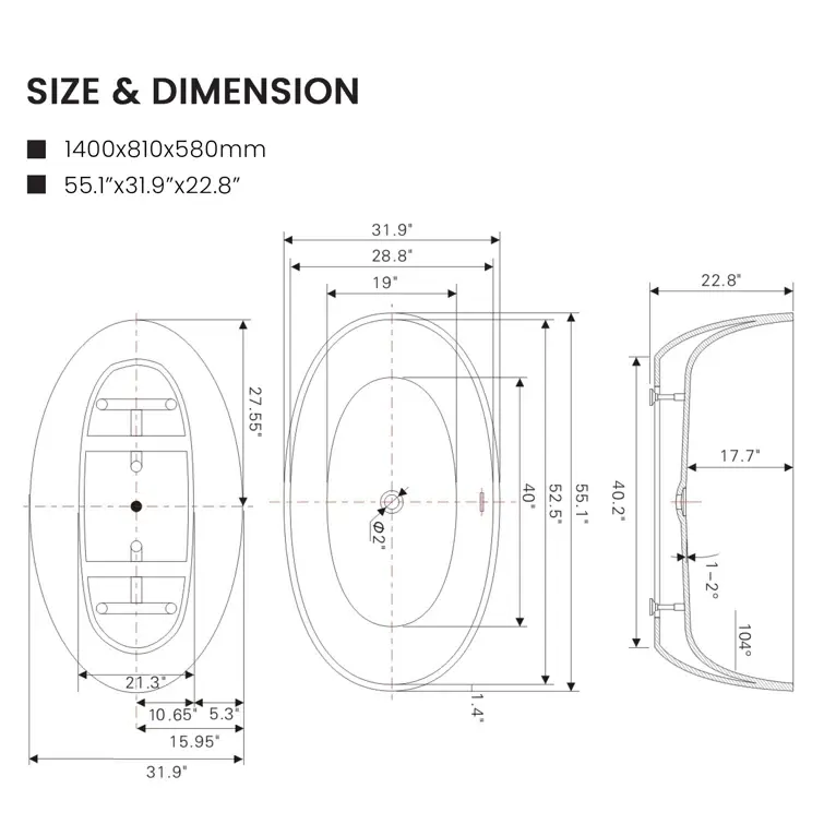 Thumbnail: 55" x 32" Freestanding Soaking Bathtub