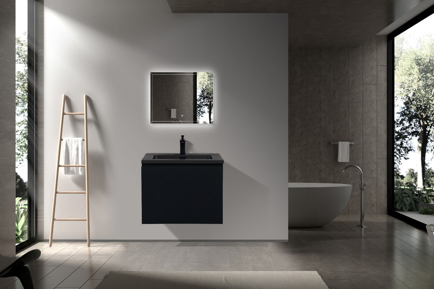 Roxboro 24" Black Wall Mount Bathroom Vanity, Black Engineered Quartz Countertop