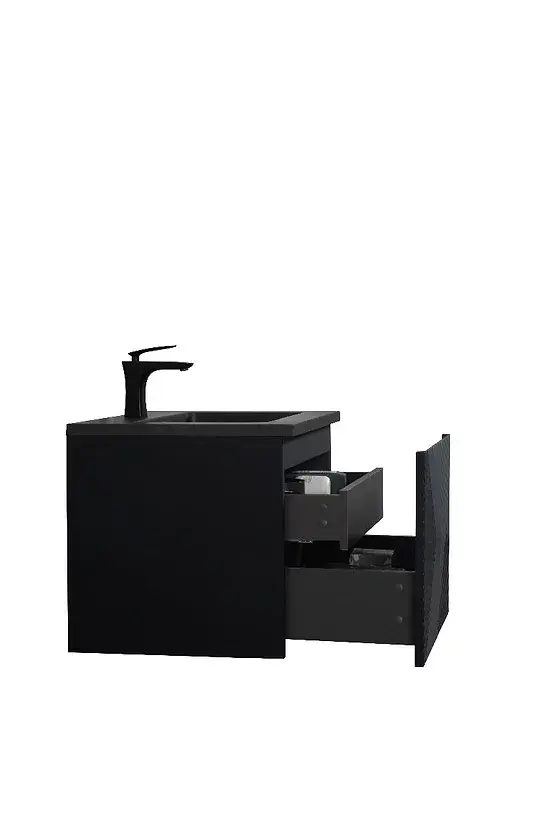 Thumbnail: Roxboro 24" Black Wall Mount Bathroom Vanity, Black Engineered Quartz Countertop