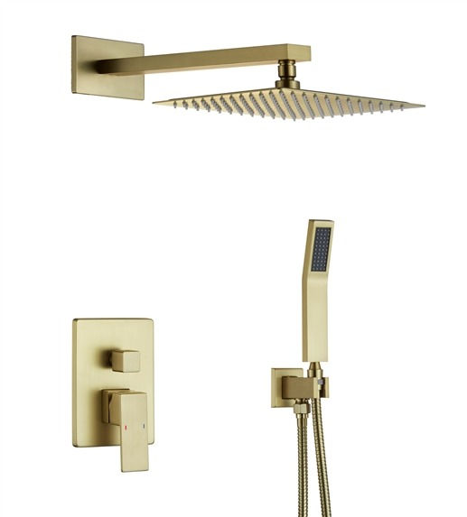 Aqua Piazza Brushed Gold Brass Shower Set w/ 8" Square Rain Shower, Tub Filler a