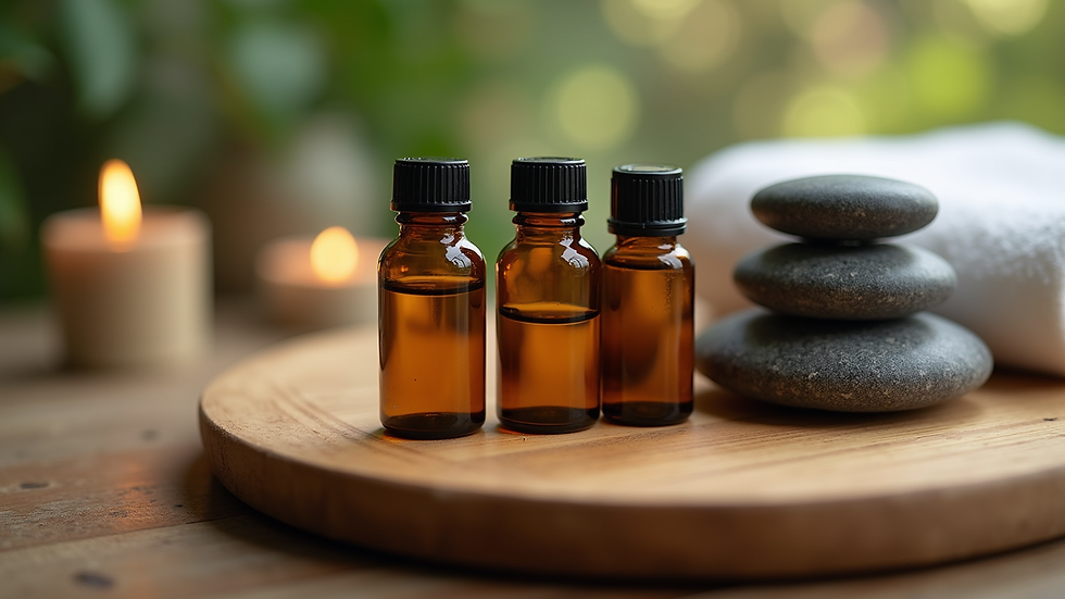 Close-up view of aromatic oils and spa stones arranged on a wooden tray