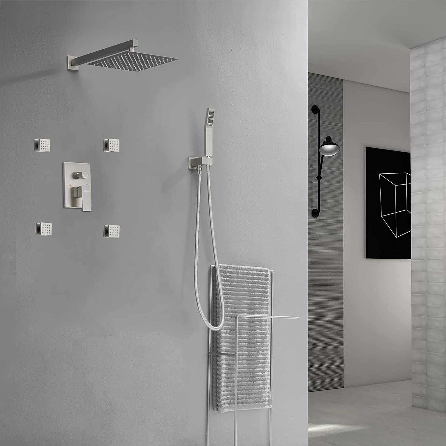 Full Body Rain Shower System with 4 Body Shower Jets & 12’’ Wall Mount Rainfall