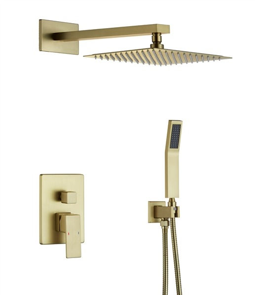 Aqua Piazza Brushed Gold Shower Set w/ 12" Ceiling Mount Square Rain Shower, Han