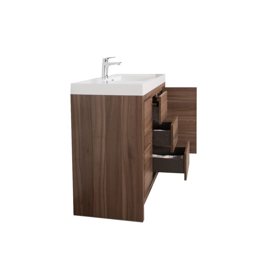 ALLIER - 43" Walnut Freestanding Bathroom Vanity w/ White Polymarble Countertop