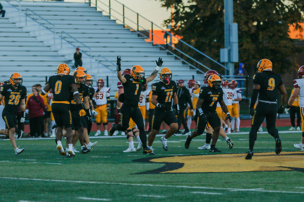 Brockport defense celebrating after Thorpe forced fumble on Oct 3. 2026. Photo Credits (Brockport Athletics).
