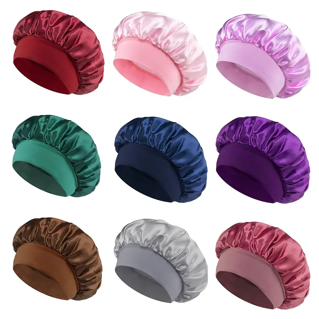 Women Satin Bonnet Hair Bonnet for Sleeping Hair Care Silk Bonnets Solid Wide-br