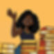 cartoon black woman reaching for a stack of books with yellow and brownish color scheme.jp