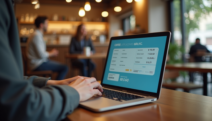 Eye-level view of a traveler comparing flight prices on a laptop at a cozy café